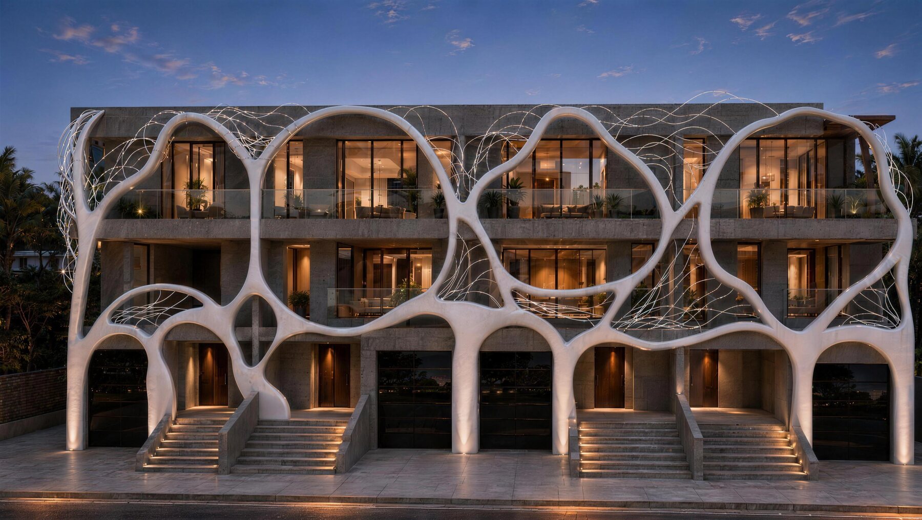 The facade at dusk: white sculpted forms and fine filigree wirework standing in front of a concrete and glass frame, warm light in every window.
