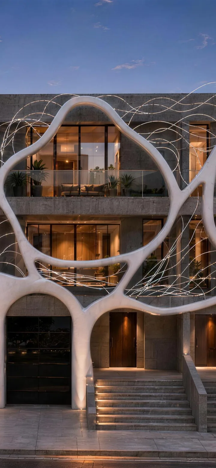 The same facade after dark, lit from within.