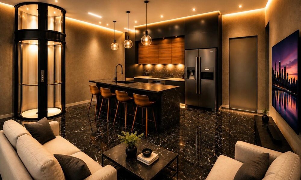 Architectural rendering of the kitchen: pale stone counters, oak cabinetry, and a lounge visible past the island.