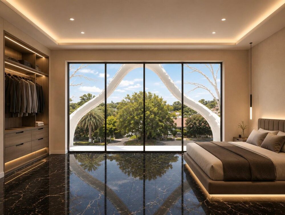 Architectural rendering of the principal bedroom: the glazed wall filled by the white forms of the facade, with the dressing area beyond.