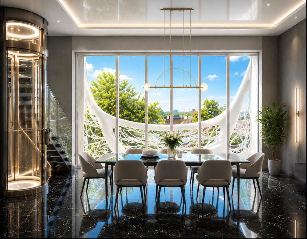 Architectural rendering of the dining area: a table set beneath the stair, with the glass elevator rising beside it.