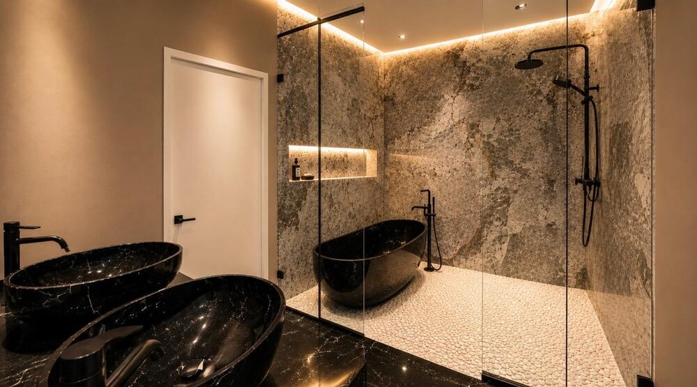 Architectural rendering of the principal bath: a single arch, stone floor and walls, and a freestanding tub.