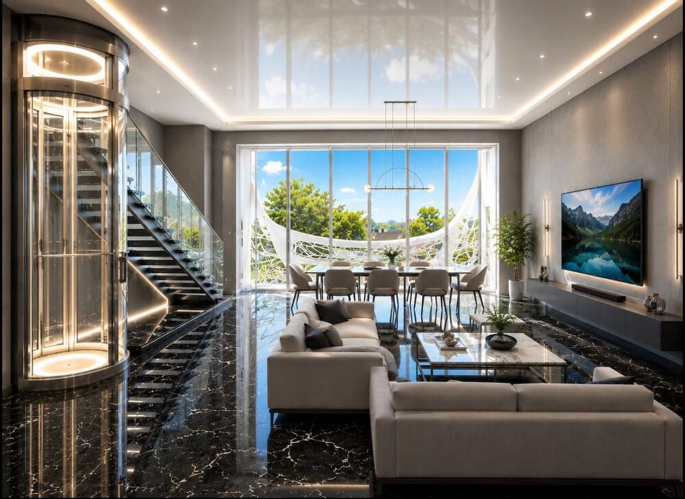 Architectural rendering of the great room: double height, glazed wall to wall, with the living and dining areas open to each other.