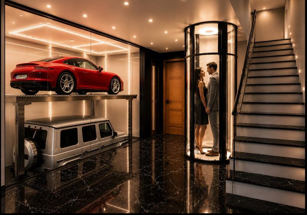 Architectural rendering of the arrival level: a two-tier vehicle lift with a car raised above a second, a glass pneumatic elevator, and the stair beyond.