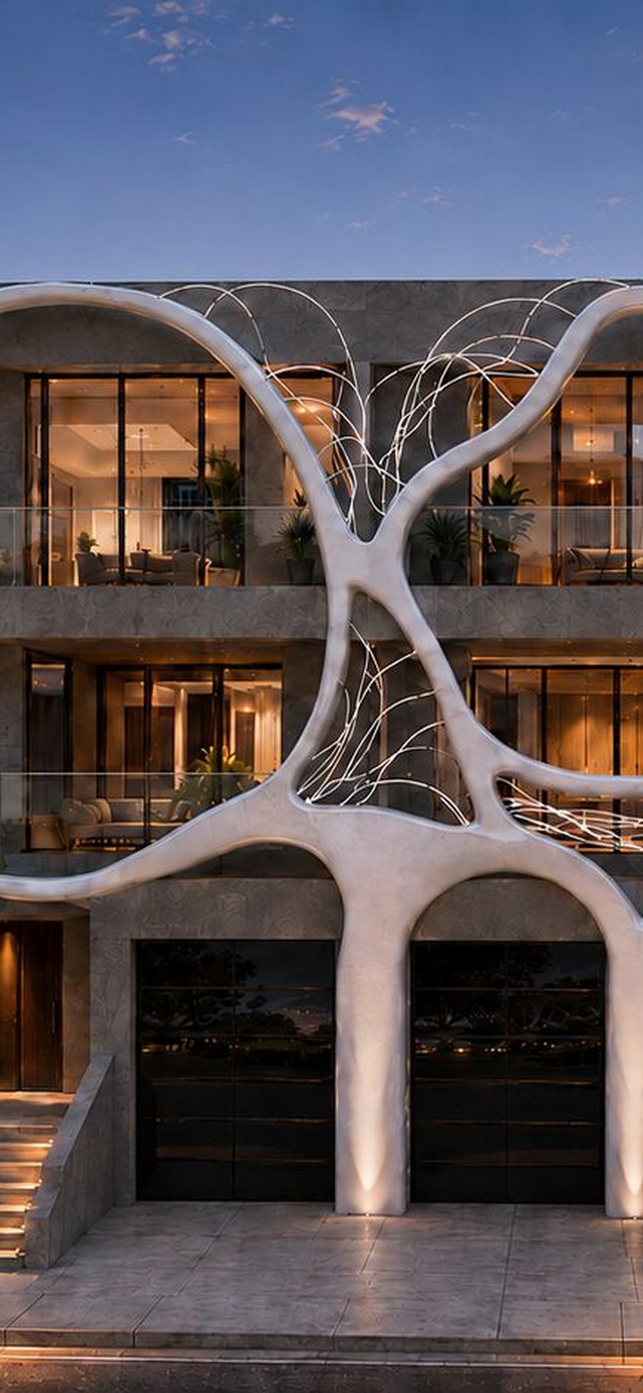 The facade from the street steps up to the roofline: a branching white column, the lit filigree, and the glazed floors behind it.