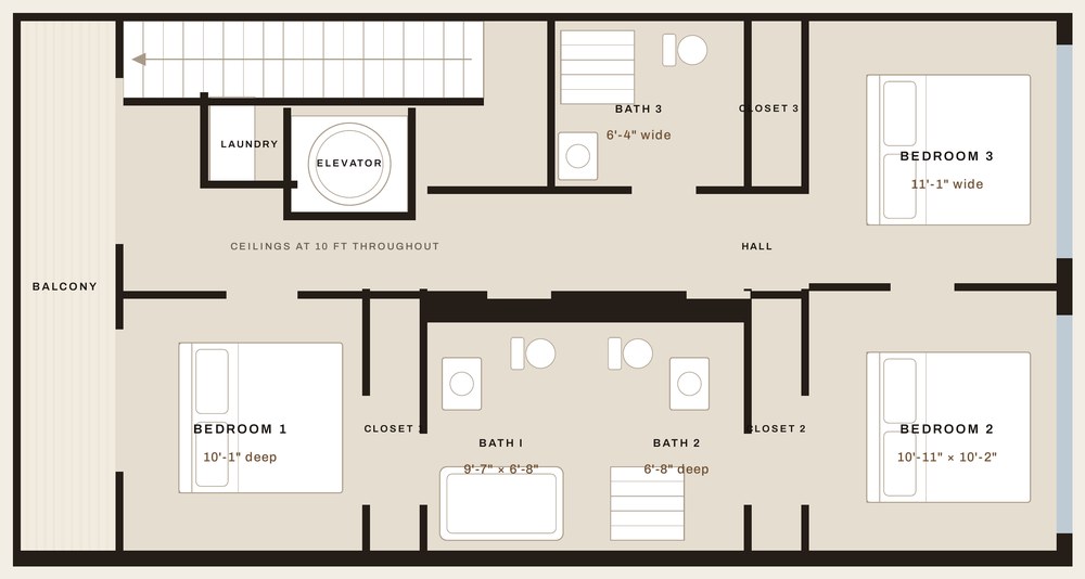 Level two of 820 NE 26th Avenue, drawn to scale: three bedrooms, three baths.