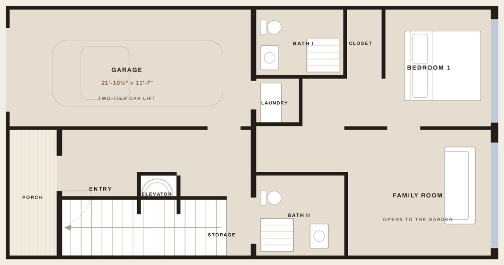 Level one of 822 NE 26th Avenue, drawn to scale: a bedroom suite, family room and garage.