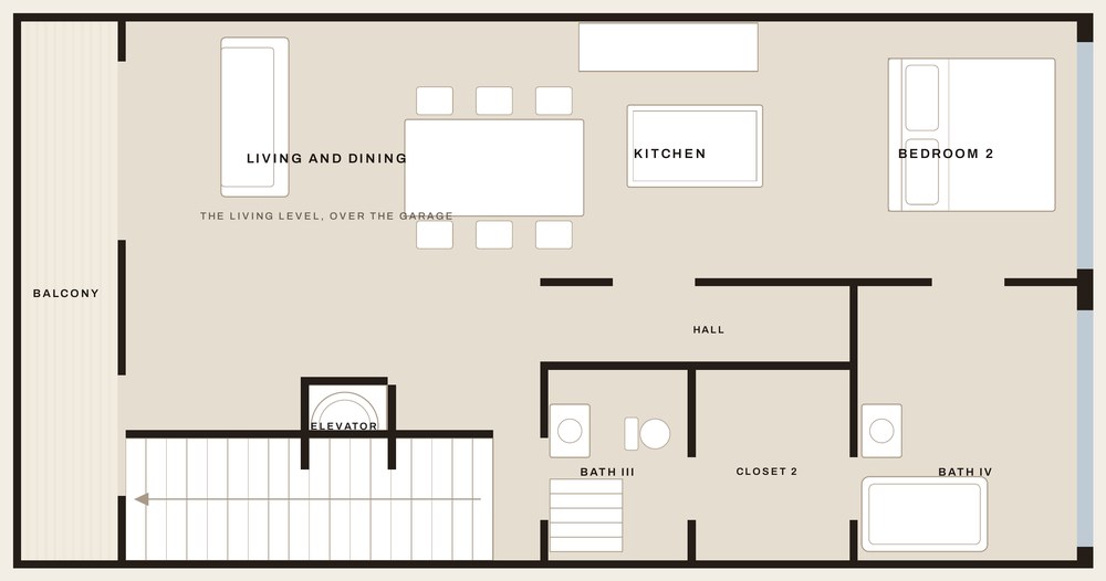 Level two of 822 NE 26th Avenue, drawn to scale: living, dining, kitchen and a bedroom.