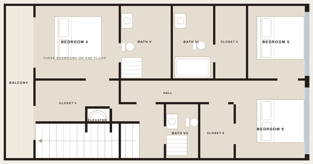Level three of 822 NE 26th Avenue, drawn to scale: three bedrooms, three baths.