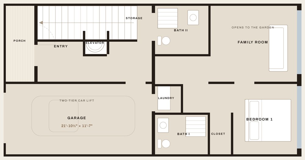 Level one of 824 NE 26th Avenue, drawn to scale: a bedroom suite, family room and garage.