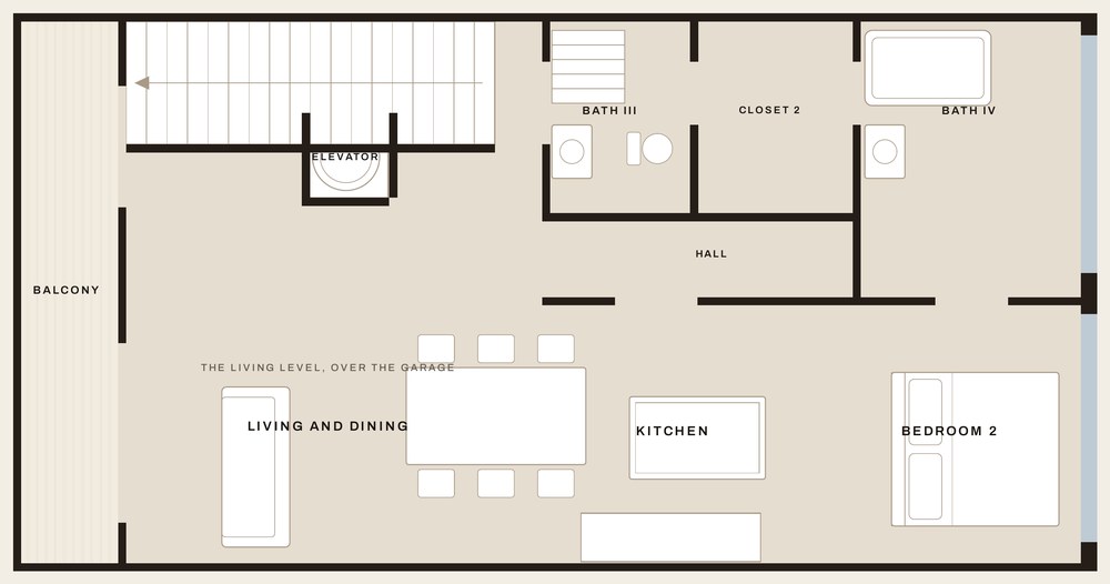 Level two of 824 NE 26th Avenue, drawn to scale: living, dining, kitchen and a bedroom.