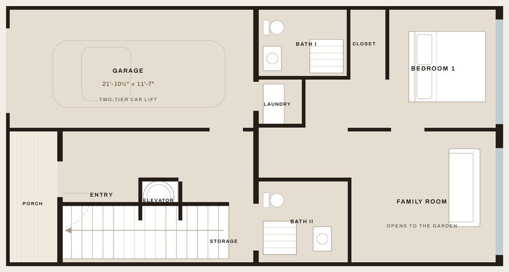 Level one of 826 NE 26th Avenue, drawn to scale: a bedroom suite, family room and garage.