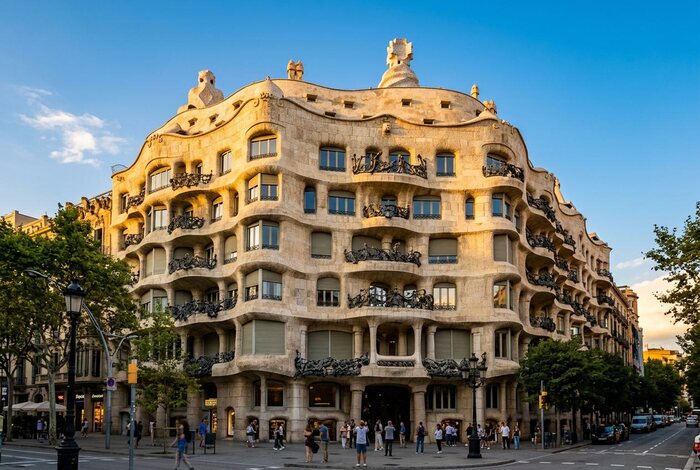 Casa Mila, Barcelona: the rolling stone facade and wrought-iron balconies.